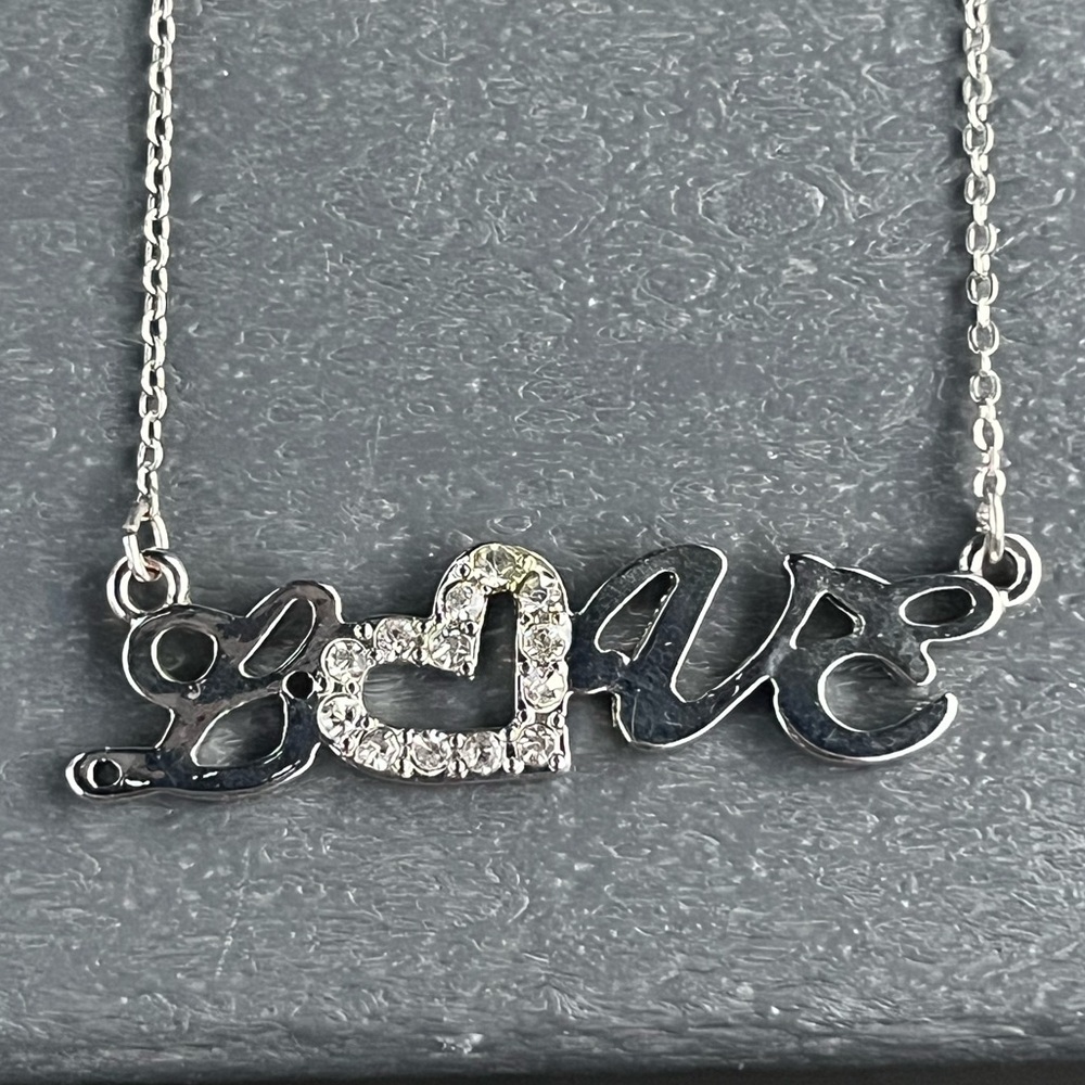 ‘LOVE’ Heart Pendant Necklace; Iridescent Jewels; Silver Tone Chain; 18-21in